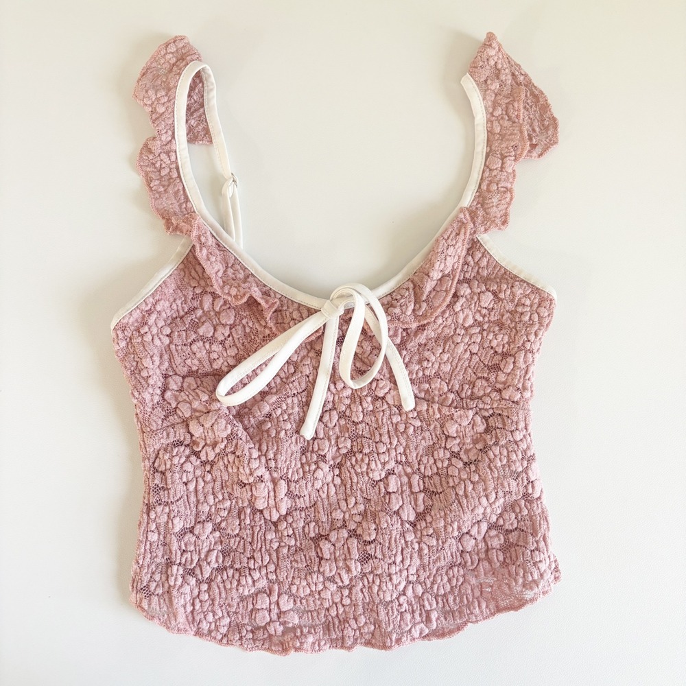 Edikted Womens Pink Girly Contrast Sheer Lace Coquette Ruffle Cami Top Size XS